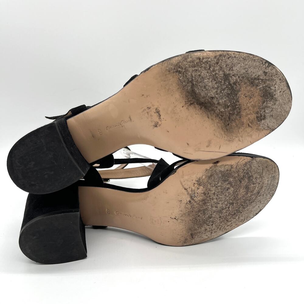 GIANVITO ROSSI Strappy Sandal Womens 40 Black Suede Mid Block Heeled Criss Cross - Picture 11 of 11